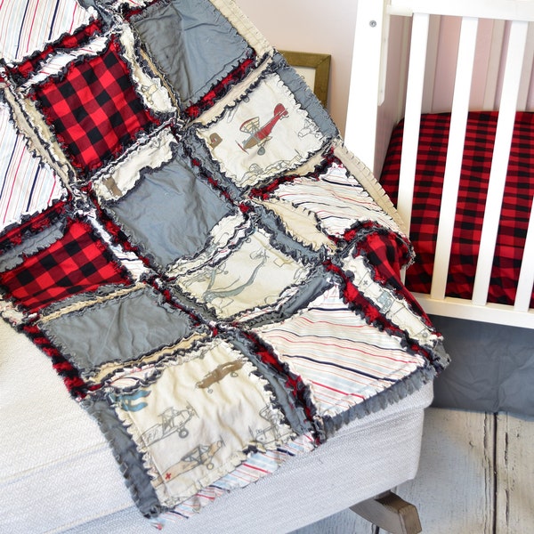 Red and Gray Airplane Baby Boy Rag Quilt and Crib Bedding Set, Baby Boy Crib Sets, Also Twin Quilt and Toddler Bedding for Boys