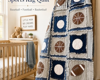 Sports Rag Quilt Modern Boys Blanket | Football, Baseball, Basketball Crib Bedding for Boy Nursery Decor | Baby Shower Heirloom Baby Gift