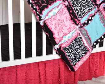 Pink Turquoise Baby Girl Rag Quilt, Baby Girl Quilts, Black and White Zebra Crib Bedding Set for Baby Girl