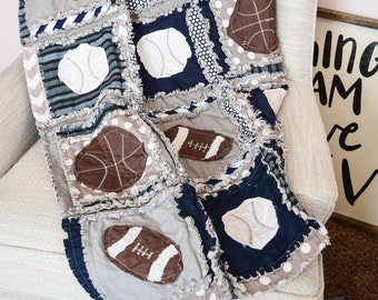 Baby Rag Quilt, Sports Blanket for Boy Crib Bedding Set - Gray / Navy Blue Nursery - Baseballs / Basketballs / Football Bedding