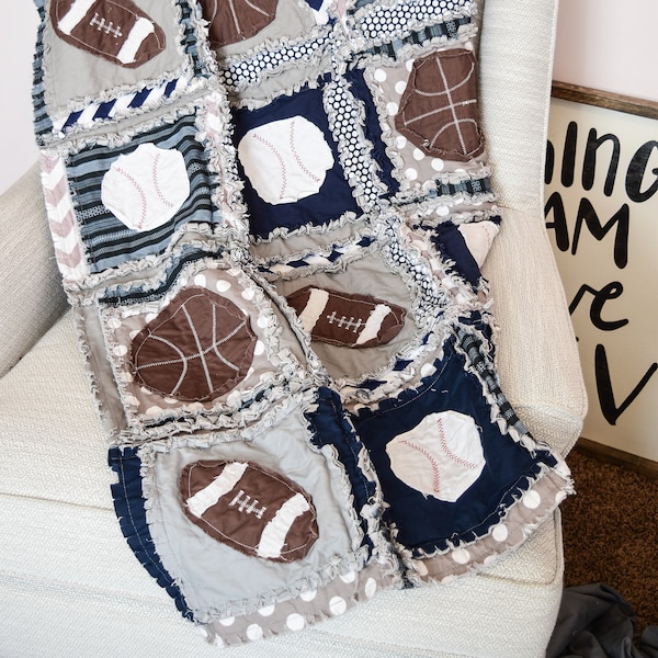 Baby Rag Quilt, Sports Blanket for Boy Crib Bedding Set - Gray / Navy Blue Nursery - Baseballs / Basketballs / Football Bedding