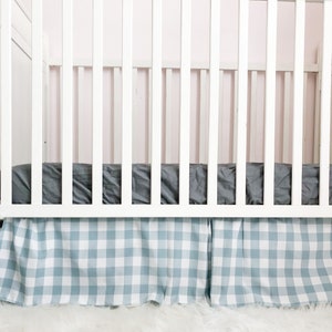 Crib Bed Skirt White & Blue Buffalo Check Nursery Dust Ruffle | Shabby Chic Bedding Baby Girl or Boy | Unique Extra Long Gingham Bedroom