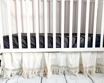 Crib Skirt Girl Bohemian Bedding, White Macrame Baby Girl Nursery Decor