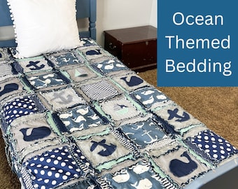 Nautical Bedding Homemade Quilts, Baby Boy Rag Quilts for Sale Ocean Theme Nursery