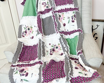 Purple Baby Quilt Wildflower Crib Comforter, Girls Quick Ship Quilts, Sage Green Baby Rag Quilt for Girls