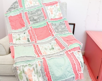 Llama Baby Blanket Cactus Crib Bedding, Baby Girl Rag Quilt, Twin Bedspread Too, Baby Girl