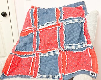 Denim Quilt Flannel Baby Quilts for Sale, Quick Ship Girl Quilts, Red and Blue Country Homemade Quilts for Baby Girls