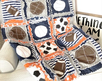 Sports Crib Bedding Baby Boy Rag Quilt, Sports Theme Rag Quilt, Blue and Orange Nursery Decor for Baby Boy