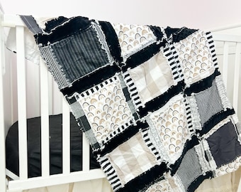 Handmade Gender Neutral Baby Rag Quilt, Black Tan Boho Nursery Blanket, Crib Bedding Keepsake, Newborn Crib Quilt