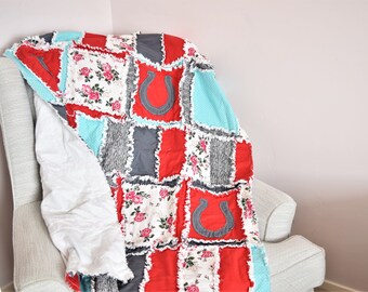 Rustic Horseshoe Western Blanket Cowboy Nursery, Baby Girl Rag Quilt, Horse Quilt Pink Crib Bedding, Baby Girl