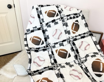 Baby Boy Sports Quilt, Sports Theme Rag Quilt, Black and White Baseball Football Nursery Bedding for Baby Boy