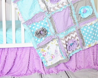 Baby Girl Crib Set - Turquoise / Gray / Light Purple - Bumperless Crib Set /Quilt / Sheet / Skirt