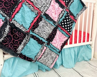 Baby Girl Crib Bedding with Rag Quilt Crib Sheet Crib Skirt, Baby Girl Crib Sets, Turquoise Pink Black Handmade Baby Quilt for Girls