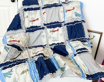Retro Airplane Rag Quilt | Aviation Nursery Decor, Airplane Boys Room Bedding | Little Pilot Room | Little Pilot Decor | Retro Vintage Plane