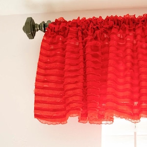 Red Ruffled Sheer Curtain Valance: Shabby Chic Window Topper | Short Red Curtains Ruffled Sheer Panel Kitchen Sink Window | Red Sheer Valanc