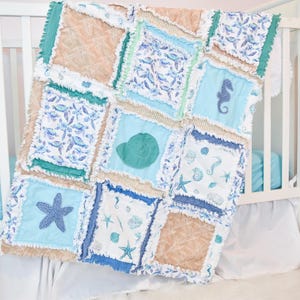 Baby Boy Quilt Nautical Crib Blanket Ocean Theme Newborn Gift Baby Shower Present Handmade Beach Quilt Blue Whale Bedding for Nursery