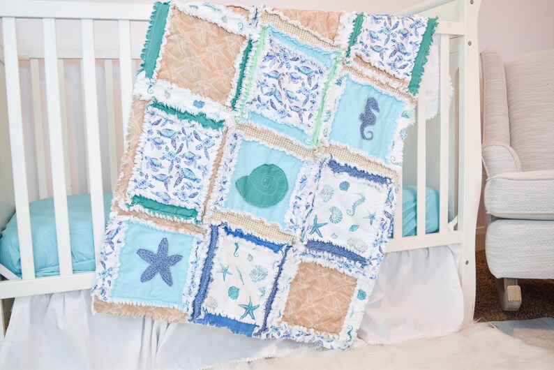 Baby Boy Quilt Nautical Crib Blanket Ocean Theme Newborn Gift Baby Shower Present Handmade Beach Quilt Blue Whale Bedding for Nursery