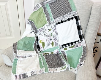 Lovey for Babies Mini Crib Bedding Homemade Quilts, Girls Quick Ship Quilts, Sage Green White Blanket for Baby Girl