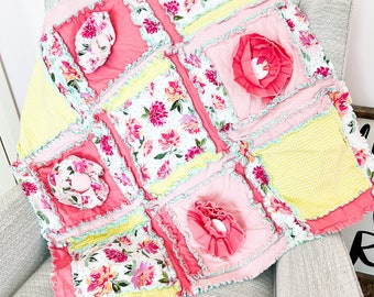 Floral Baby Pink Crib Bedding, Baby Girl Rag Quilt, Yellow Turquoise Hot Pink Blankets for Baby Girls