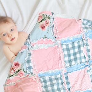 Pink Floral Rag Quilt | Shabby Chic Crib Quilt | Handmade Baby Blanket | Cottagecore Nursery Gift