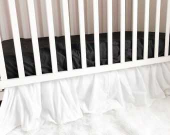 Mini Baby Bed Skirt with Pom Pom Trim, Crib Skirts, White Baby Dust Ruffle Nursery Baby Bedding for Girls