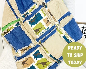 Dinosaur Baby Boy Rag Quilt Crib Bedding, Baby Boy Quilts, Blue Tan Green Handmade Quilt for Sale for Boys