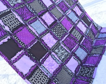 Dark Purple Rag Quilt | Black White Patchwork Quilt | King Size Rag Quilt | Zebra Bedroom Decor | Alt Bedding Punk Bedroom | Gothic Themed