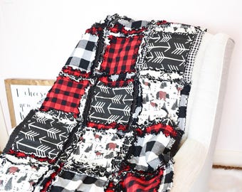 Deer Quilt, Plaid Blanket Rag Quilt, Woodland Rag Quilt | Toddler Bed, Twin, Queen, King Size Quilts Available Too!