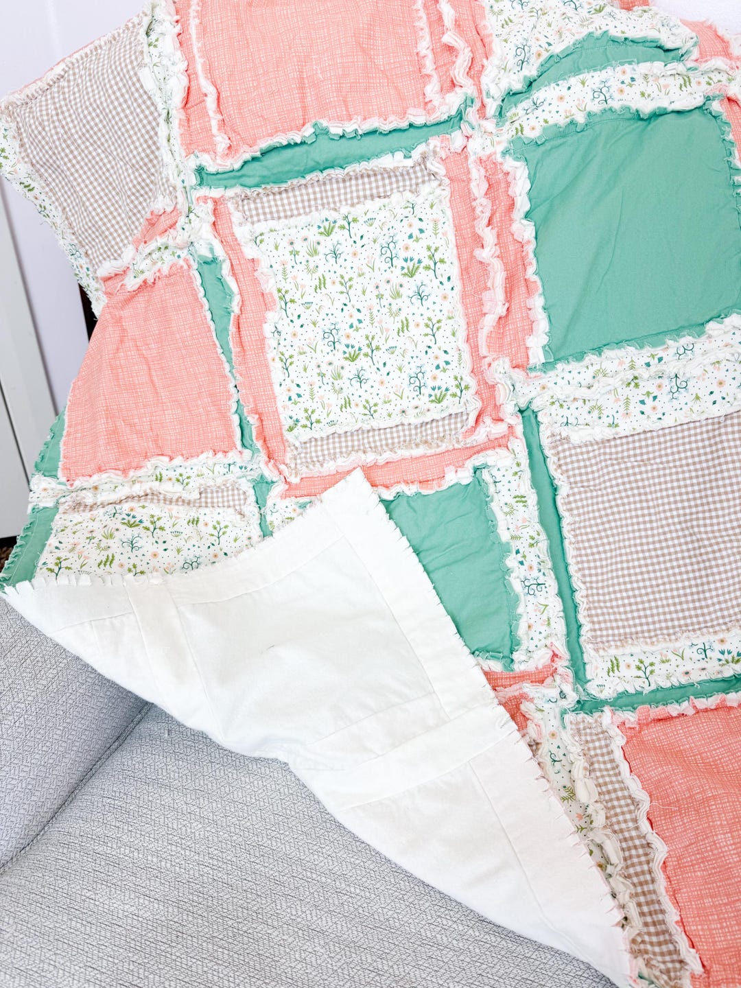 Melon Rag Floral Rag Quilt | Cottagecore Apricot Melon Eucalyptus Green ...