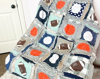 Sports Bedding Boy Quilts Twin Size Quilt Blanket, Sports Theme Rag Quilt, Handmade Quilt for Sale for Boys