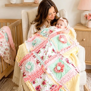 Floral Rag Quilt, Crib Toddler Bedspread, Yellow Mint Pink Ruffle Girl Nursery Decor