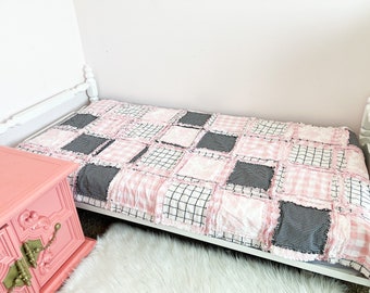 Antique French Style Rag Quilt Full Size Comforter, Big Handmade Rag Quilts, Pink and Black Bedding for Girls