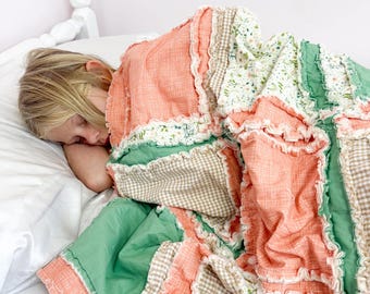 Floral Rag Quilt | Cottagecore Apricot Melon Eucalyptus Green Buttercream White | Natural Crib Bedding | Handmade Baby Quilt Nursery Decor