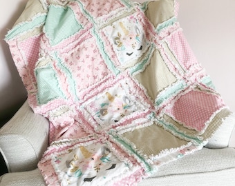 Unicorn Bedding Baby Girl Rag Quilt, Toddler Bedding Girl, Twin Bed Spread