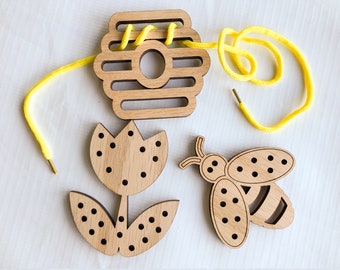 Wooden Lacing Toy Set, Bumble Bee Toy, Honey Bee Wooden Toys Lacing Cards