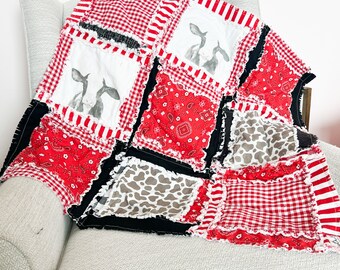 Cow Print Baby Girl Rag Quilt, Girl Baby Quilts, Red and Black Bedspread for Kids and Girls