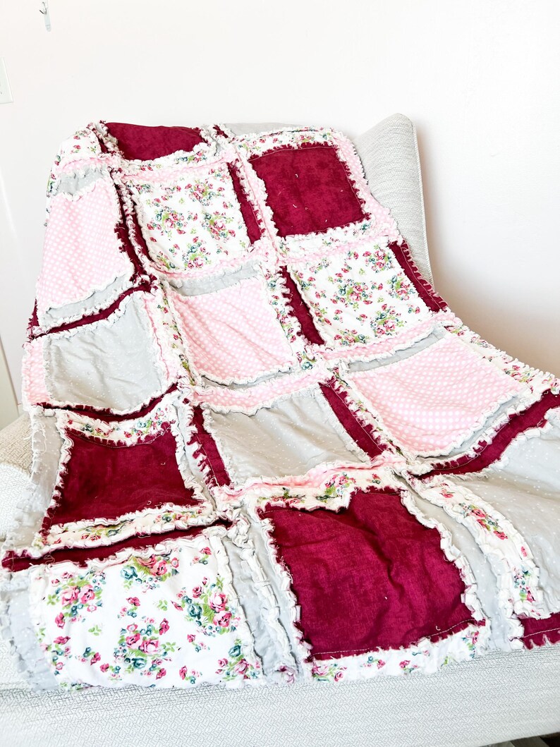 Floral Blanket Handmade Quilts for Sale, Baby Girl Rag Quilt, Baby Blanket to Queen Size Quilts, Baby Girl