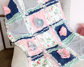 Floral Crib Bedding Homemade Quilts | Baby Girl Rag Quilt Boho Toddler Bedding Girl | Soft Pink Sage Green, Navy Blue Flowers