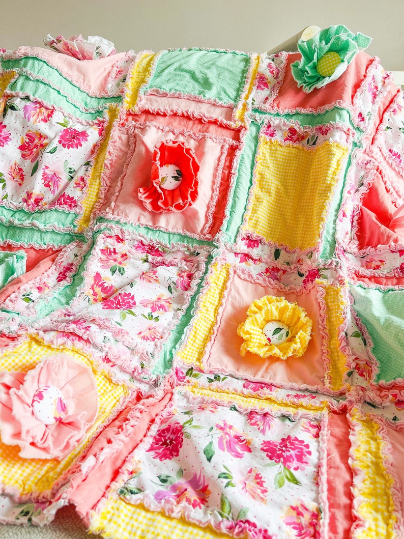 Flower Pink Crib Bedding Girl Baby Blanket, Baby Girl Rag Quilt, Homemade Quilts Baby Nursery Decor, Baby Girl image 1