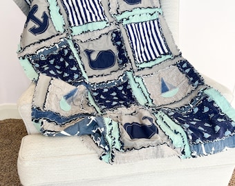 Nautical Rag Quilt, Sailboat Whale Anchor Baby Nursery Bedding, 100% Cotton Flannel Seaside Decor | Boat Whale Nursery | Coastal Grandbaby