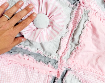 Baby Girl Rag Quilt Pink Crib Bedding | Ruffle Flowers Pink and Gray Blanket | Pink Floral  Crib Custom Nursery Gift | Infant Bedspread Girl