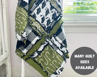 Fish Quilt Green Baby Blanket Black and White Homemade Quilts, Baby Boy Quilts, Rag Quilt for Boys