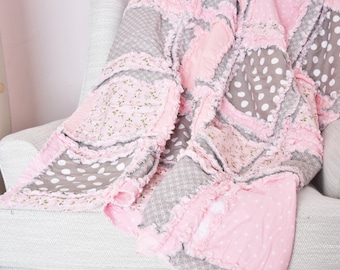 Pink Comforter Baby Girl Rag Quilt and Toddler Bedding Girl, Pink Crib Bedding and Miniature Blanket