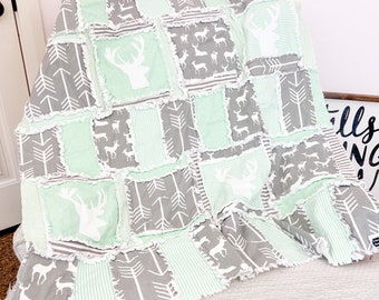 Deer Baby Boy Rag Quilt or Baby Girl Quilts, Neutral Baby Quilt, Gray and Mint Green Bedding, Woodland Baby Quilt for Babies