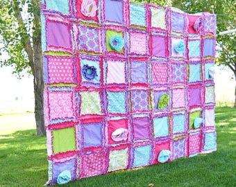 Girly Bed Comforter | Colorful Flower Chic Pink, Green, Purple, Turquoise Twin Size Rag Quilt for Sale Dorm Blanket | Raggy Tween Bedspread