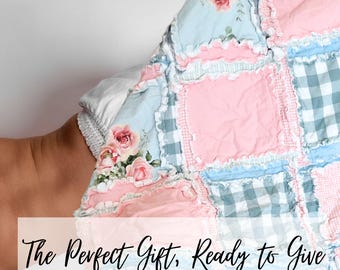 Pink Blue Floral Crib Quilt | Pastel Rose Gingham Bedspread