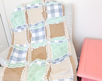 Baby Boy Rag Quilt | Blue Tan Gingham Farmhouse Nursery Bedding, Patchwork Toddler Keepsake