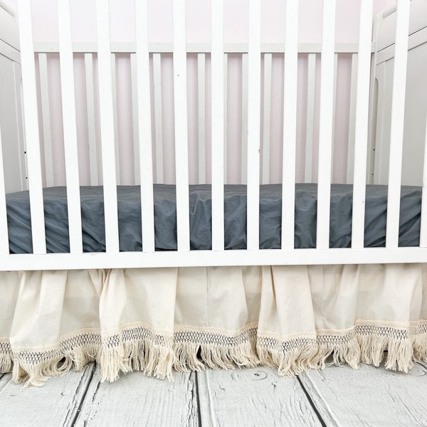 Cream MINI Crib Skirt, Linen Bedskirt Macrame Crib Bedding, Baby Shower Gift