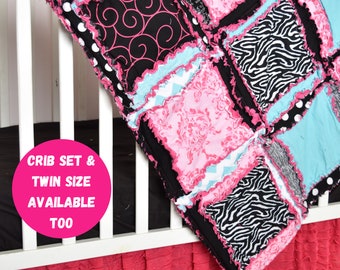 Fluorescent Pink Baby Bedding Baby Girl Rag Quilt, Baby Girl Quilts, Black and White Zebra Blanket Baby Girl