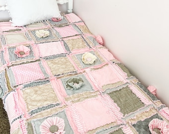 Pink Comforter Rag Quilts for Sale, Toddler Bedding Girl, Twin Bed Spread, Queen Size Quilts